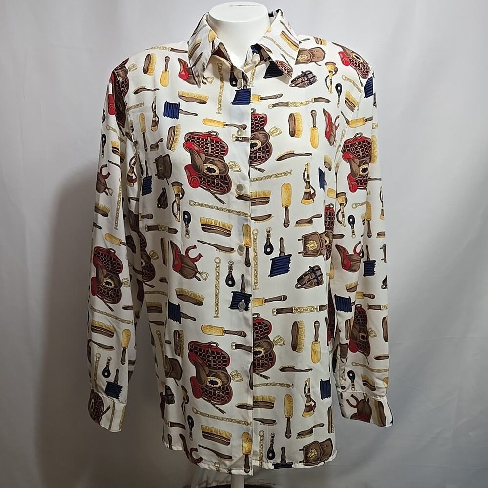 Vintage Talbots Equestrian Button Down Shirt Womens Size 6 All Over Print Saddle